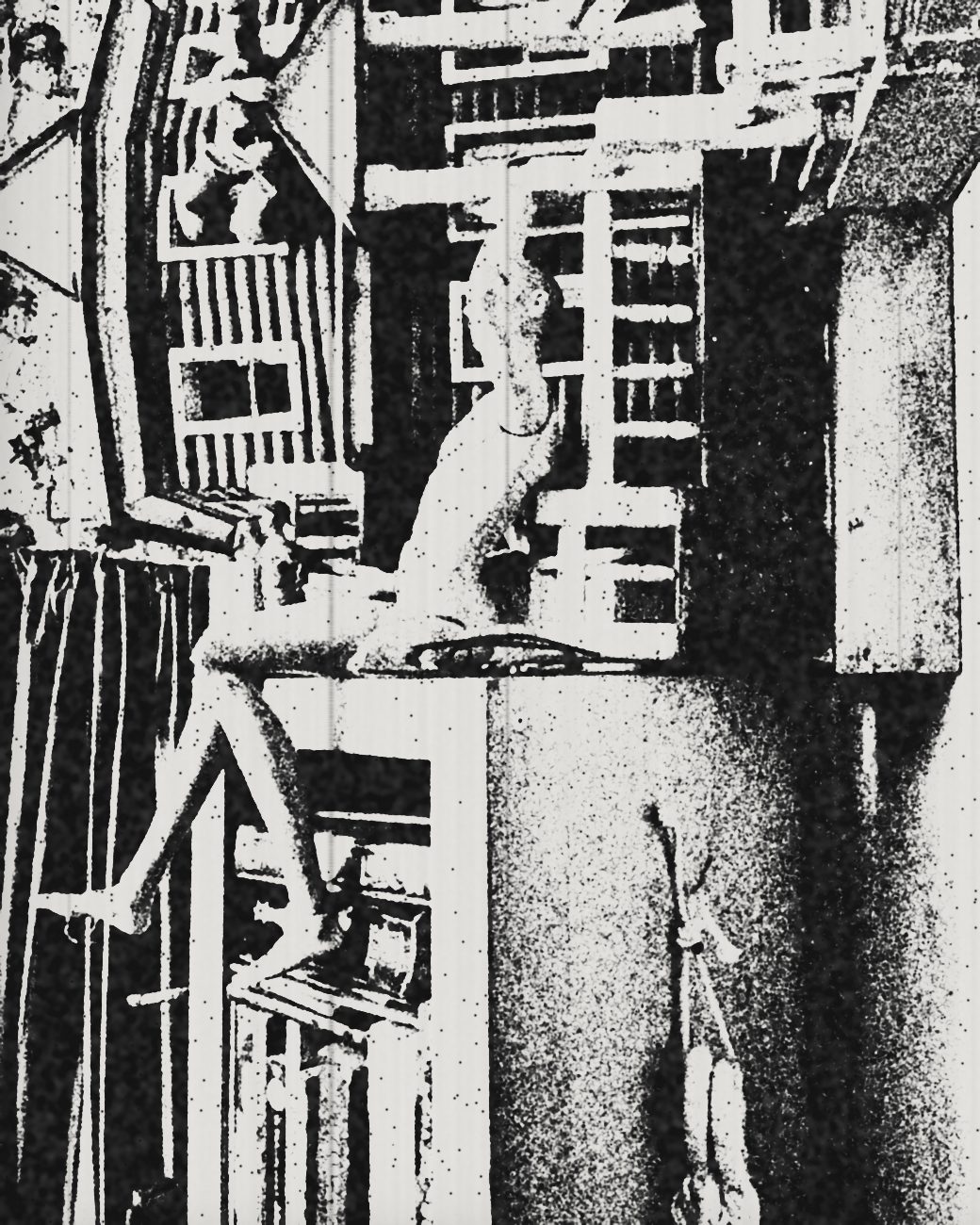 A figure perched on a shelf under a dollhouse balcony at Brothers Wash and Dry, as a photocopy